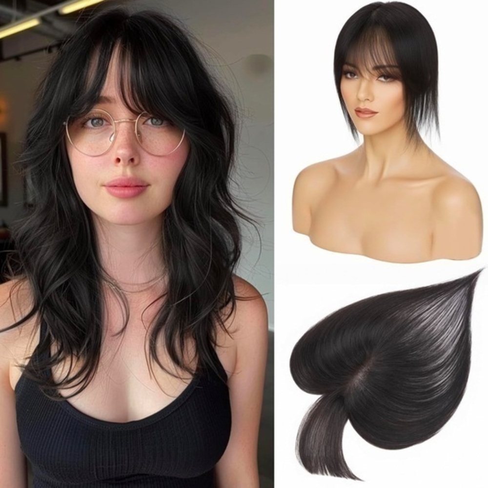 11” Natural Black Human Hair Topper with Bangs It#GA6